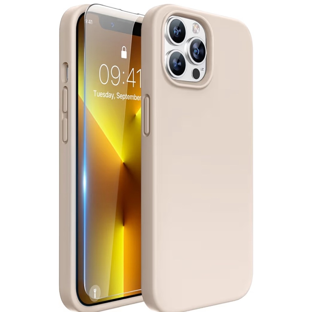 Beige Silicone Phone Case for iPhone 13 Promax w/ Screen Protector ✨